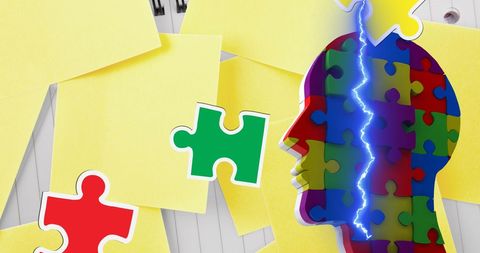 Creative conceptualization with puzzle piece head and sticky notes