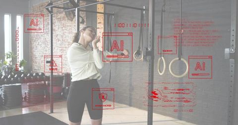 Woman adjusting earbud for workout in industrial gym with augmented fitness hud overlays