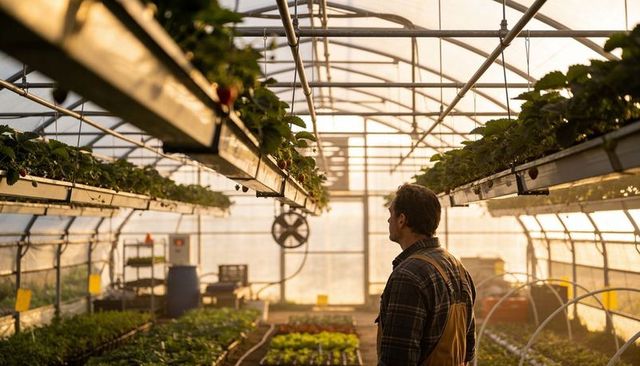 Grower inspecting hanging strawberry troughs in sunlit greenhouse at golden hour