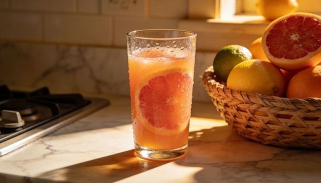Glistening grapefruit cooler on marble countertop in morning sunlight with wicker basket