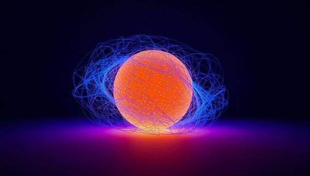 Glowing Orange Orb Emitting Neon Energy with Electric Blue Filaments on Glossy Floor