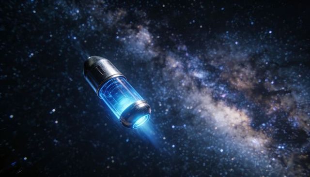Glowing capsule floating through starfield emitting blue plasma beam near milky way