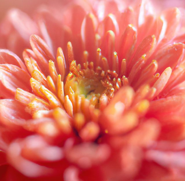 This vibrant macro close-up showcases the intricate details of an orange chrysanthemum flower, highlighting the beauty and texture of its petals. Ideal for use in nature-themed designs, floral arrangement presentations, garden magazines, and decorative purposes. This image emphasizes the intricate beauty of nature, perfect for inspiring designs and visual content in floristry and botany projects.