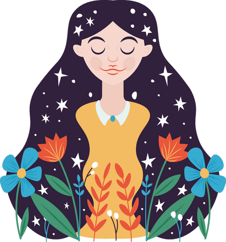 Serene Woman Surrounded by Flowers Illustration Transparent Background