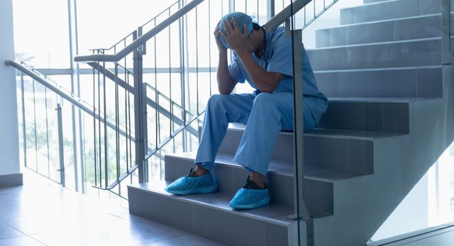 Surgeon in scrubs sitting on hospital staircase, holding head in hands, showing signs of stress and exhaustion. Useful for illustrating themes of healthcare worker burnout, mental health challenges in the medical field, and the demanding nature of medical professions.