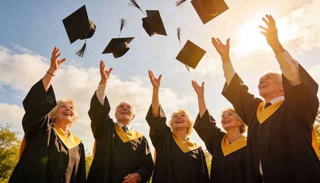 Senior graduates celebrating outdoors tossing mortarboards and cheering under sunlit sky