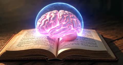 Futuristic Brain Model Above Ancient Book Surrounded by Magic