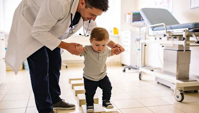 Pediatrician helping toddler practice walking on balance blocks in bright clinic room