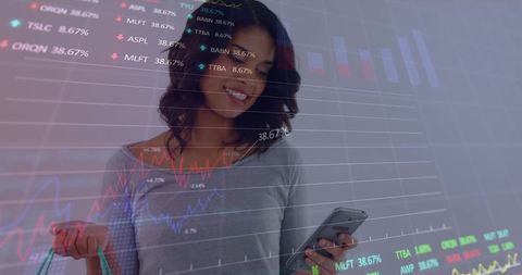 Woman Engaging with Financial Data on Smartphone Screen