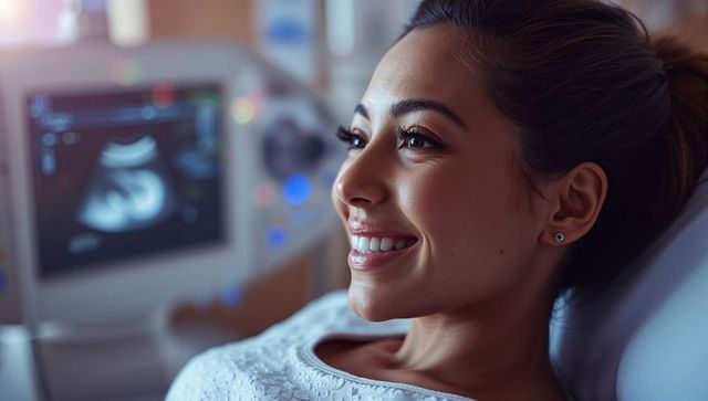 Smiling pregnant woman relaxing during ultrasound examination