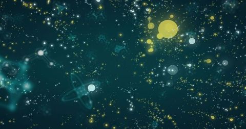 Glowing yellow orb and digital particle nebula over deep teal starfield for tech themes