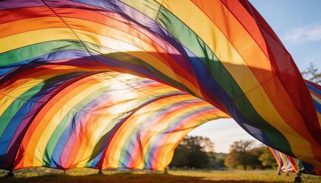 Vibrant rainbow canopy arching over sunlit park casting colorful bands on grass