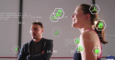 Fitness coaching with ar performance metrics overlay showing teamwork and visualization
