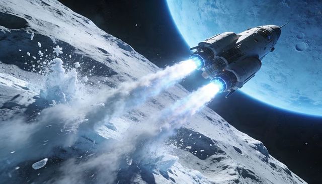 Twin-Engine Starship Ascending Over Icy Crater with Blue-White Plasma Exhaust and Planet Horizon