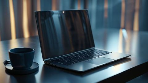 Laptop and coffee cup reflected in ambient office lighting for website designs