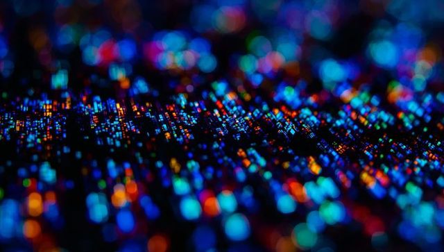 Glowing Pixel Circuit Grid Shimmering with Neon Bokeh for Futuristic Tech Backgrounds