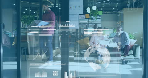 Diverse Team Meeting with Data Visualization Overlay in Modern Office