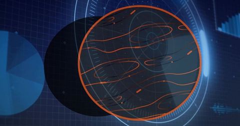 Holographic amber orb rotating over blue data grid with hud rings and contour flow lines