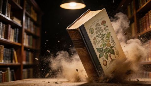 Antique botanical tome rising from dust on wooden table under warm pendant lamp