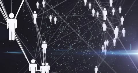 Digital Network of Connections and Icons on Black Background