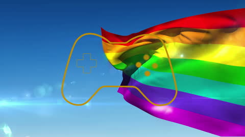 Rainbow Flag with Game Controller Icon Against Blue Sky