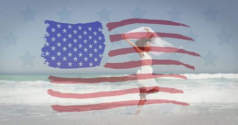 African American Woman Celebrating Freedom on Beach with Flag Overlay