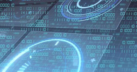 Pulsing Holographic HUD with Binary Code and Wireframe Grid for Futuristic Data Interface