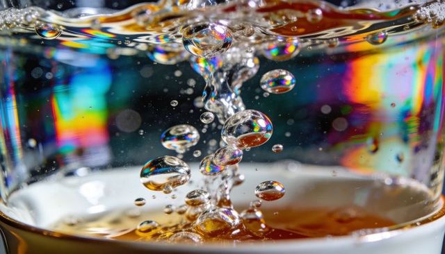 Macro of rising bubbles refracting prismatic rainbow light in glass vessel over amber pool