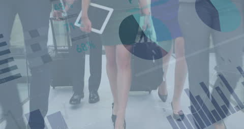 Business Professionals Walking with Data Overlay and Tablets