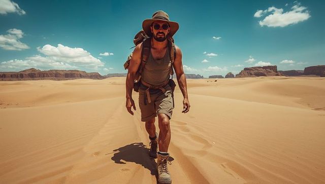 Solo hiker trekking across golden sand dunes wearing wide hat, backpack and boots