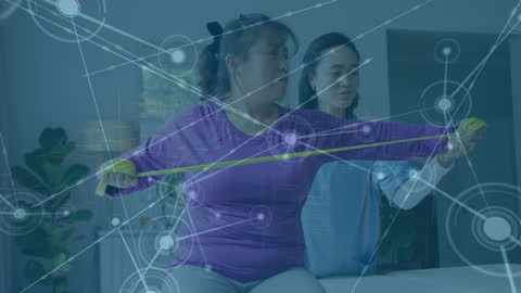 Women Exercising with Futuristic Digital Interface Overlay