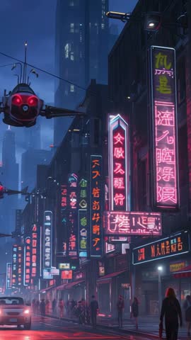 Hovering drone scanning neon-lit street while pedestrians pause in cyberpunk night city