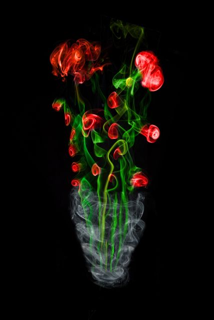 This stock photo shows a mesmerizing bouquet of roses created with colorful smoke against a black background. Perfect for artistic projects, creative campaigns, or as unique wall art. Ideal for themes such as creativity, abstract designs, floral arrangements, or visual compositions with high contrast.