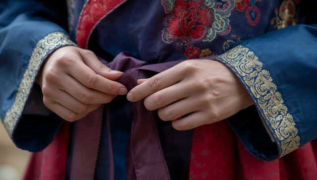 Woman tying purple sash on embroidered navy silk robe with gold brocade cuffs