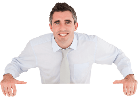 Businessman showing transparent blank card with welcoming smile