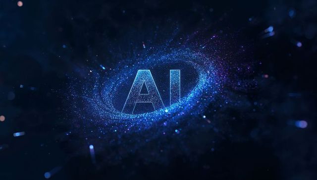 Futuristic ai vortex emitting blue particle swarm and neon light streaks nebula motion