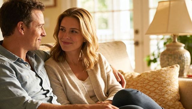 Couple sharing warm moment on sofa in sunlit cozy living room, intimate lifestyle portrait
