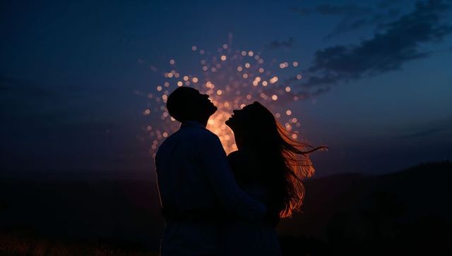 Silhouetted couple embracing at twilight with glowing bokeh lights