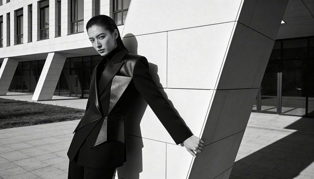Leaning businesswoman in sculpted black suit with glossy panels by angled column