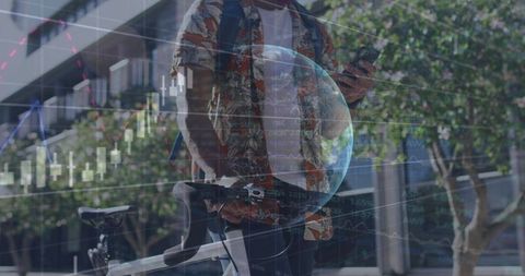 Urban bike commuter checking phone with global finance charts and candlestick overlay