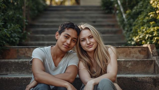 Young couple sitting on stone steps sharing intimate moment in warm golden sunlight in casual wear