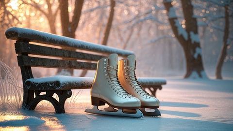 White leather ice skates on wooden bench in frosted winter ice skating park