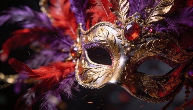 Shimmering venetian masquerade mask with gold filigree, red gem and purple feathers
