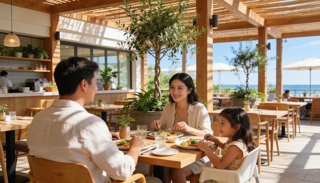Family enjoying seaside brunch at wooden pergola, smiling parents and child dining on terrace