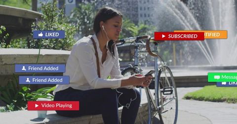 Urban woman sitting by fountain next to bicycle checking smartphone with app overlays