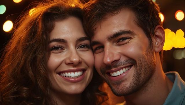 Smiling romantic couple leaning cheek-to-cheek under warm string lights night bokeh portrait