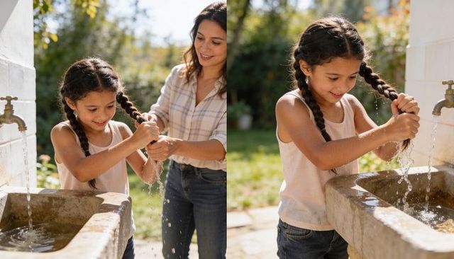 Mother washing daughter braids outdoors at stone basin under brass tap, sunny backyard