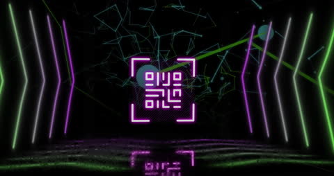 Futuristic QR Code with Neon Connections on Dark Background