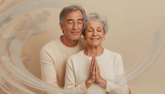 Senior Couple Practicing Mindfulness and Gratitude Embracing Serenity in Neutral Tones