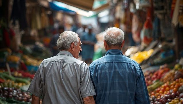 Walking and chatting senior men exploring colorful market stalls with fresh produce